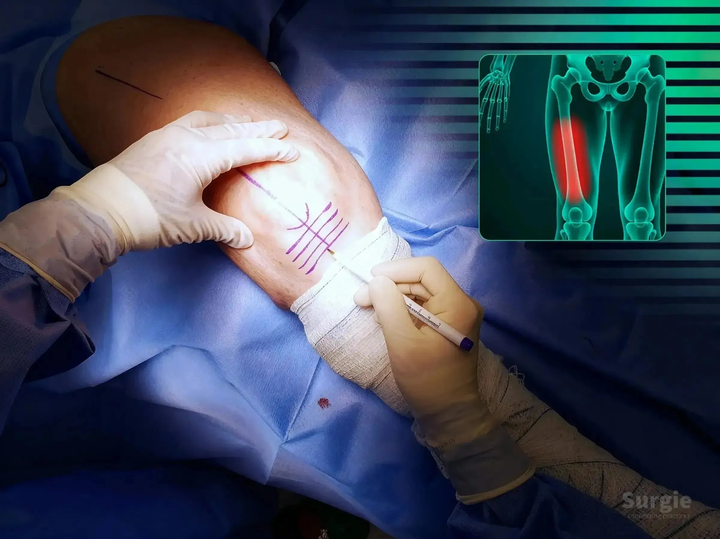 Surgeon marking a patient's leg for retrograde intramedullary nail surgery with a femoral fracture overlay.