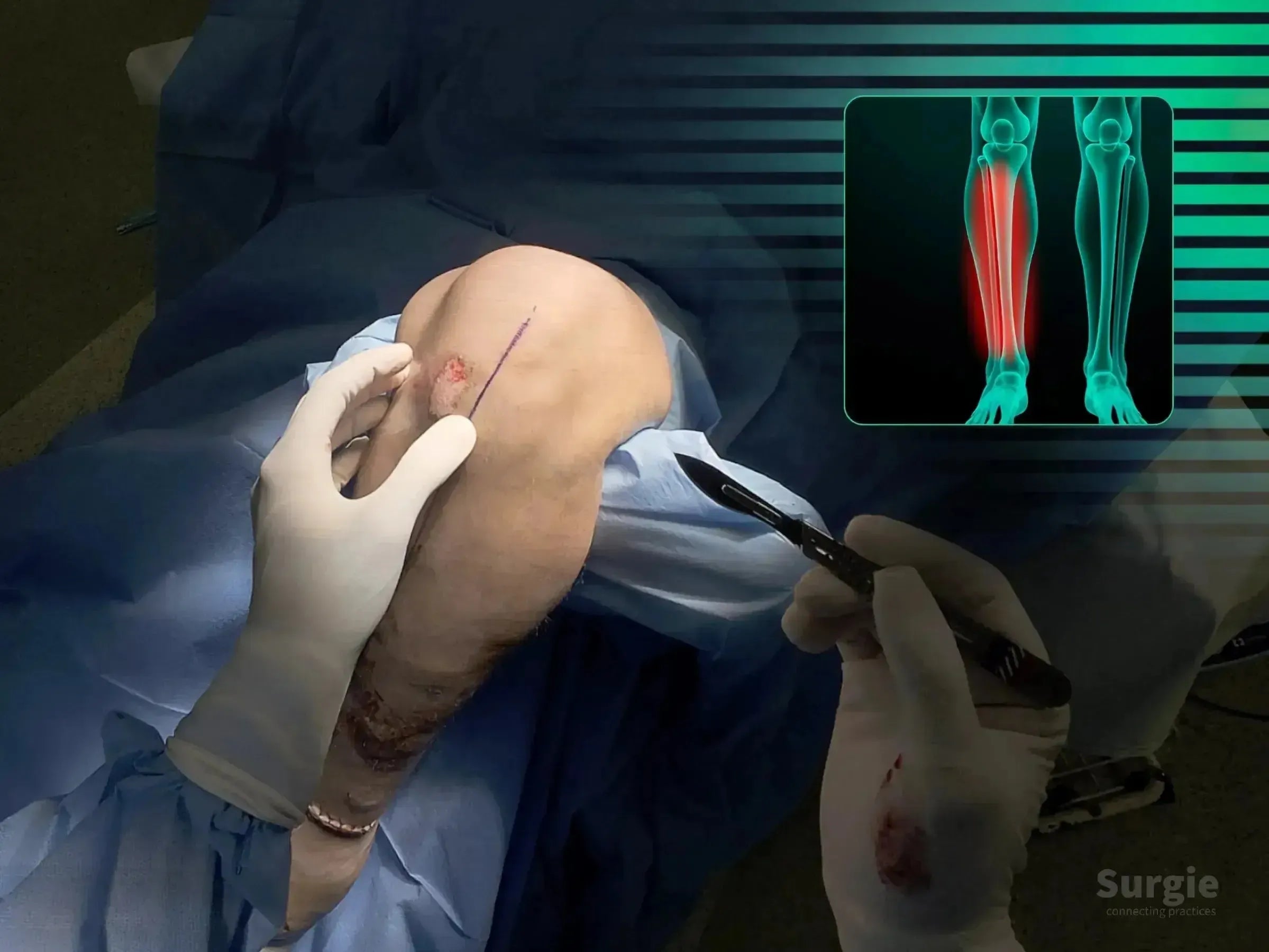 Surgeon performing infrapatellar tibial nail incision with anatomical marking and digital bone scan overlay.