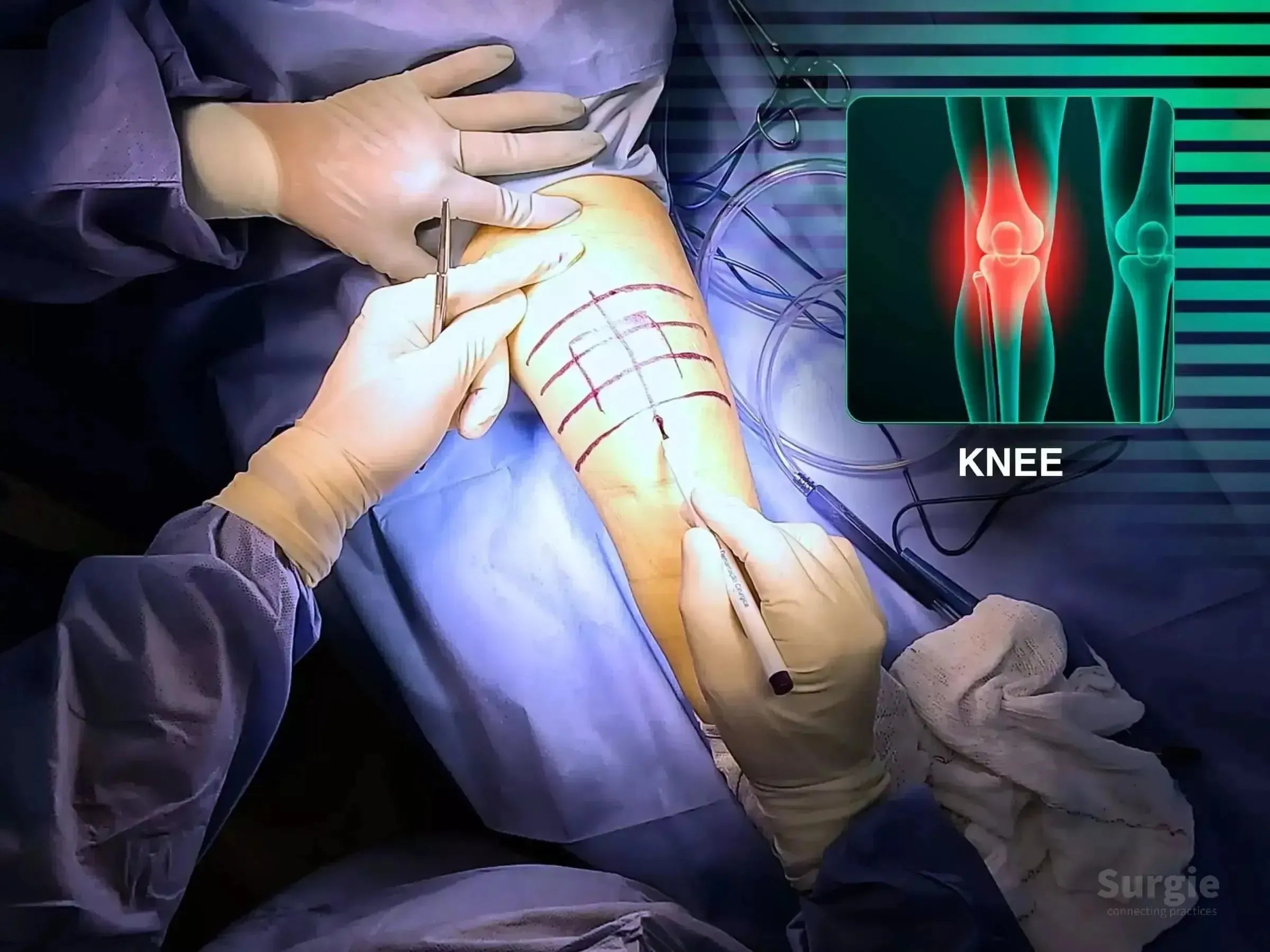 Surgeon marking a patient's knee for patella fracture surgery with an anatomical diagram overlay.