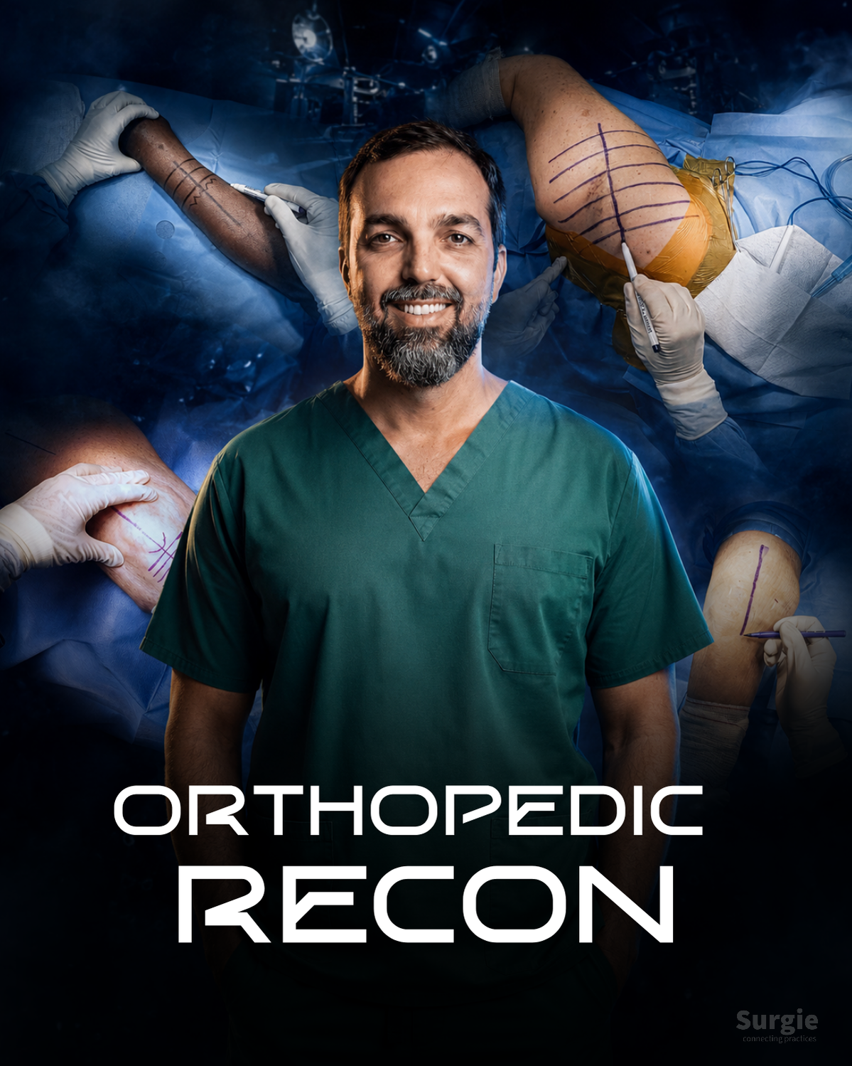 Orthopedic surgeon in green scrubs standing before a background of surgical procedures with marked patient limbs.