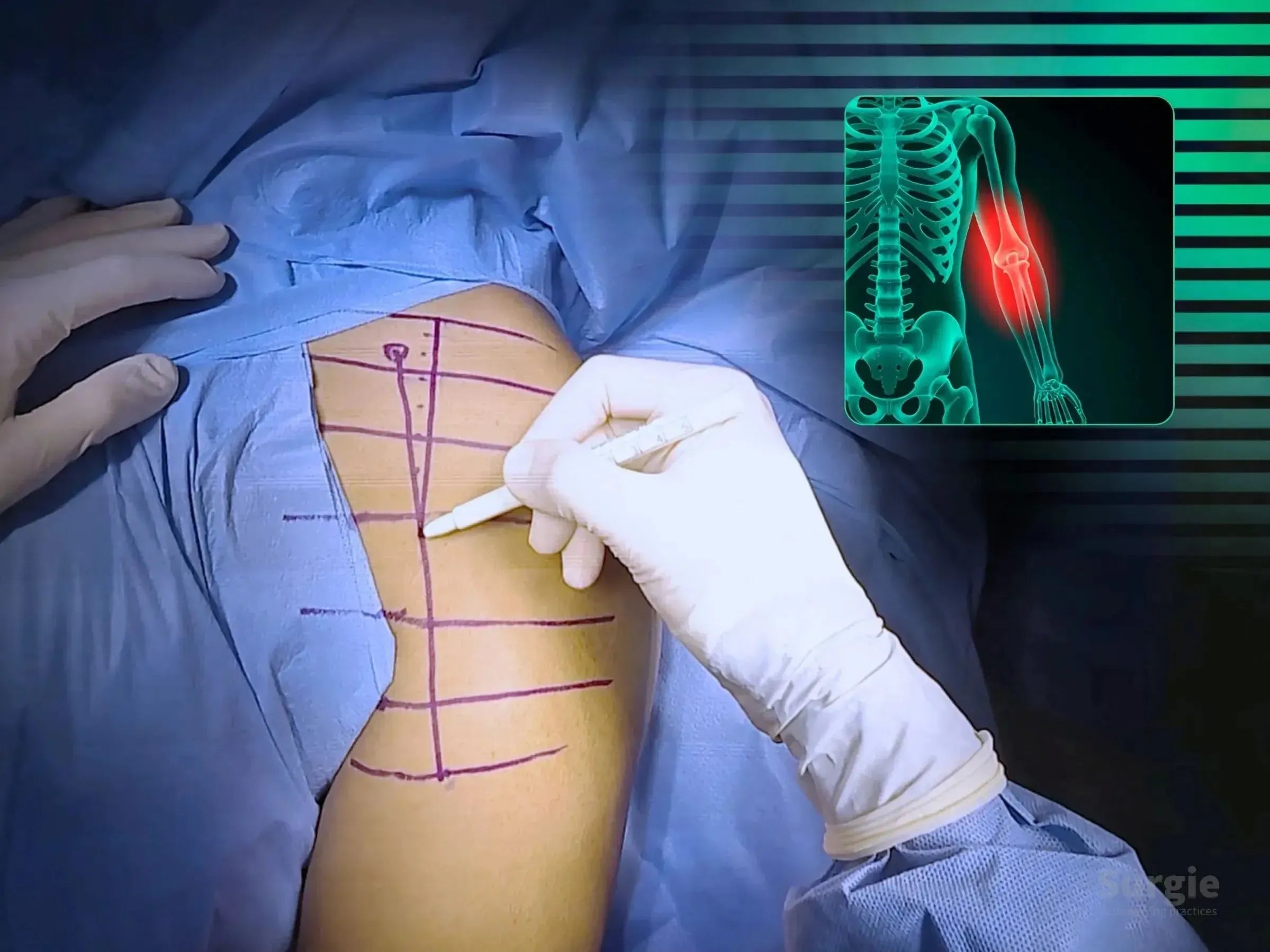 Surgeon marking a patient's shoulder for humerus surgery with a digital X-ray overlay showing a proximal fracture.