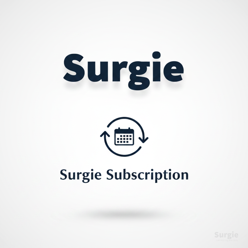 Surgie logo with a dark blue calendar icon inside a circular arrow, representing a recurring subscription service.