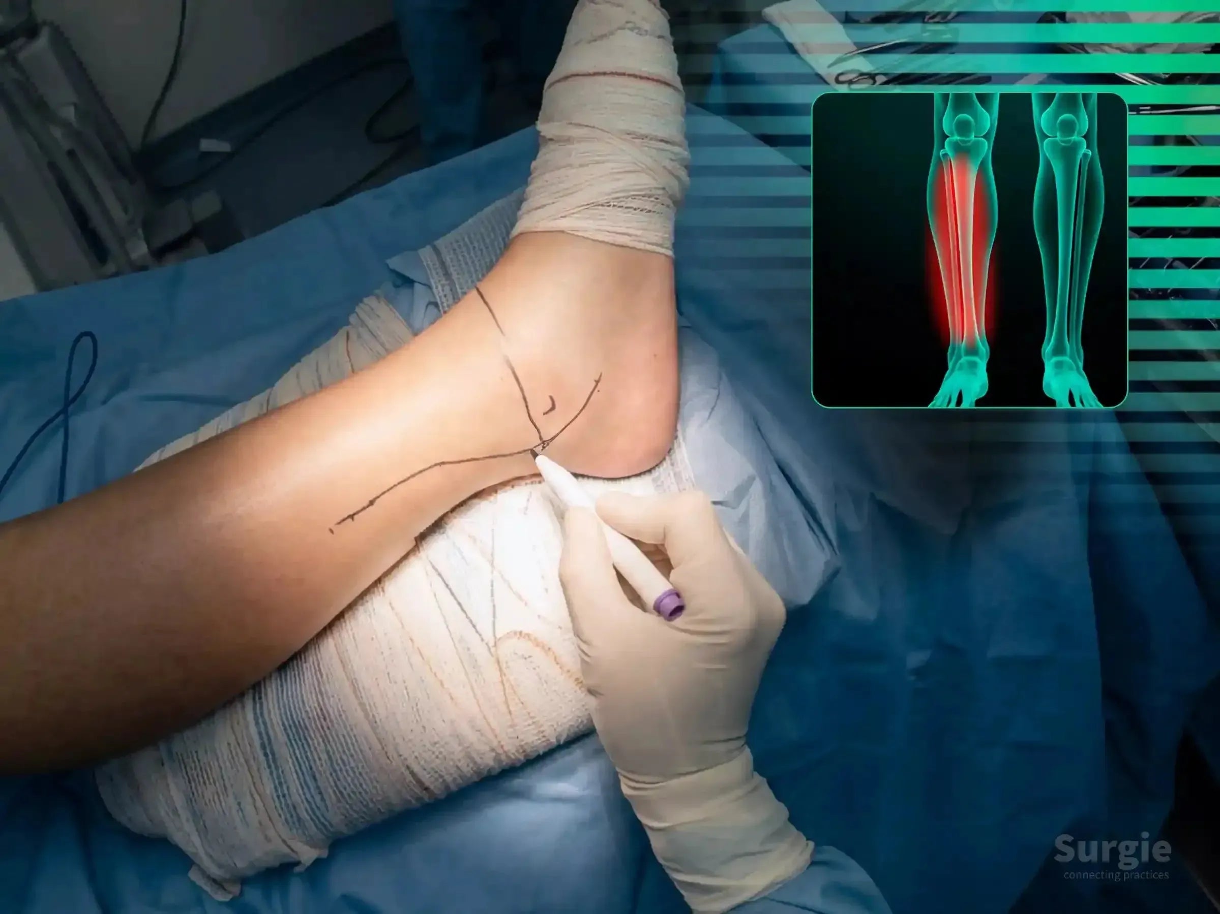 Surgeon marking a patient's ankle for a trimalleolar fracture surgery with a digital bone anatomy overlay.
