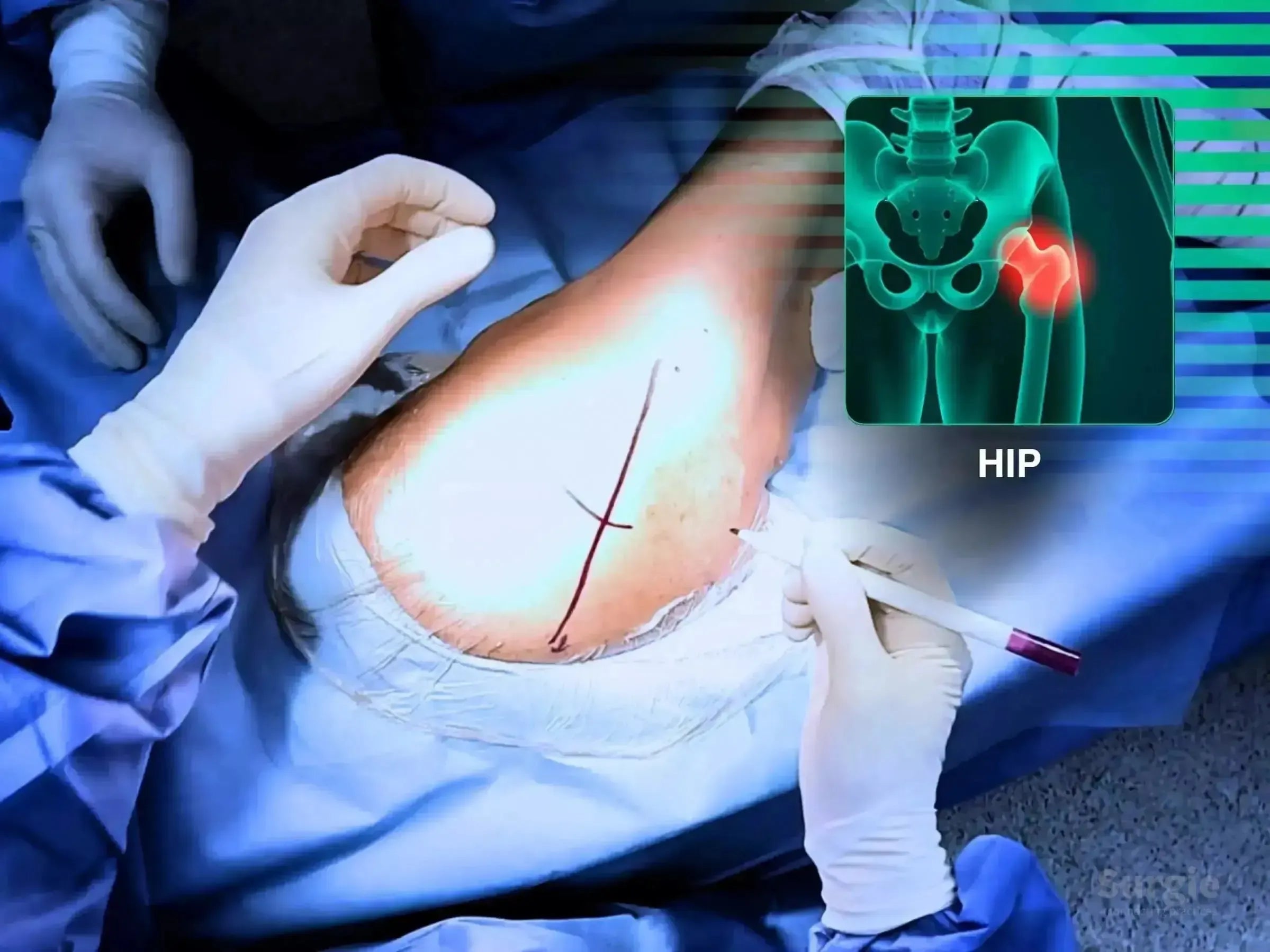 Surgeon marking the hip for posterior approach arthroplasty with an anatomical overlay showing the joint.