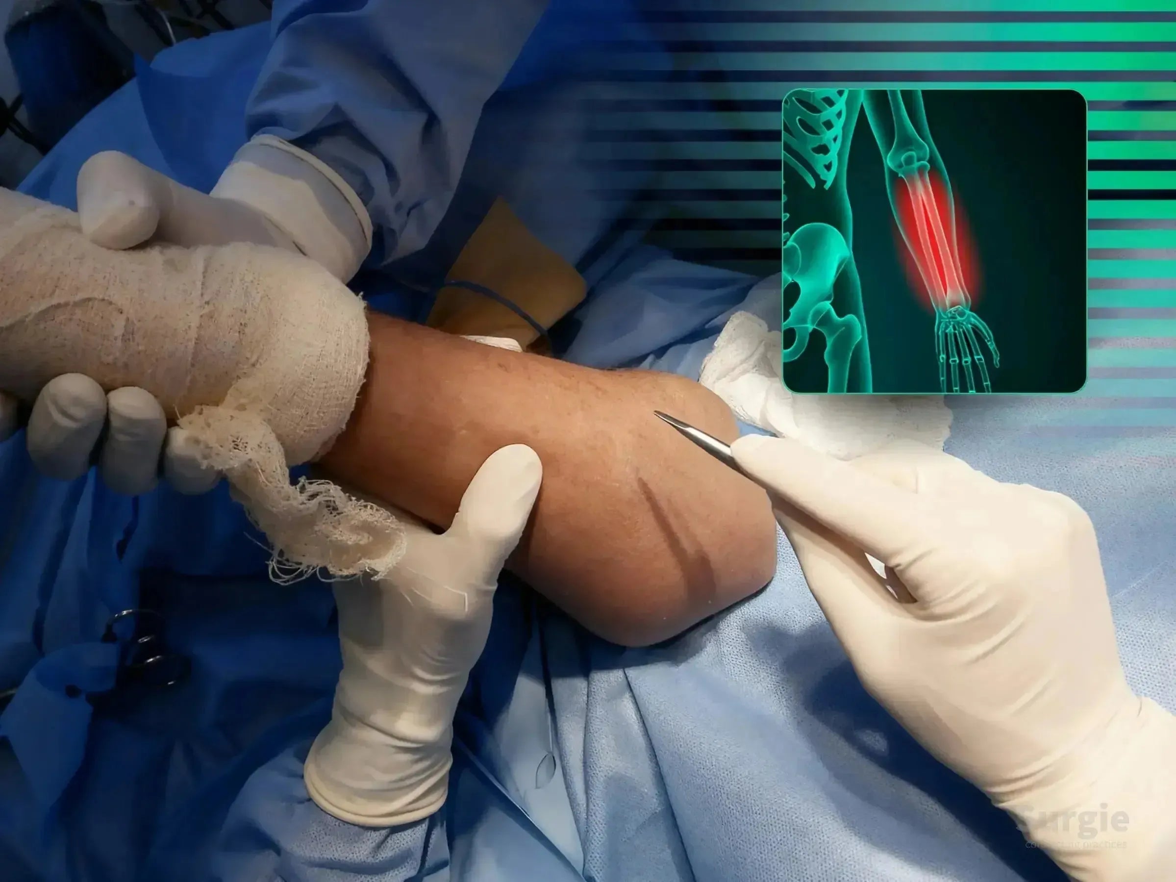 Surgeon performing ulnar shaft fracture surgery with an anatomical X-ray overlay on a blue sterile surgical field.